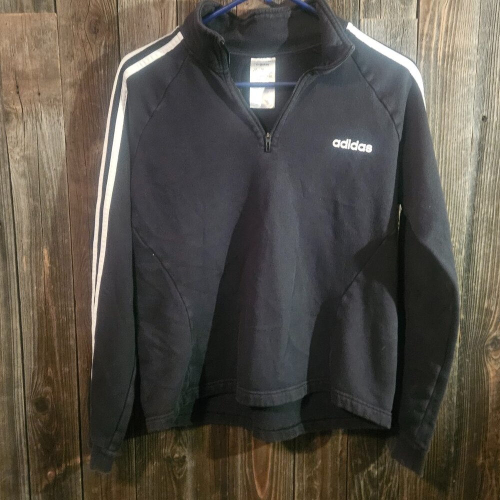 Adidas Essential 1/4 Zip Sweatshirt | Black w/ White Stripes | M